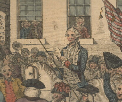 Engraving showing man on horse reading the Declaration of Independence in front of crowds