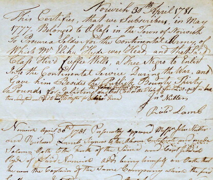 A written legal document from 1781 certifying Cuffee Wells' purchase of freedom. 