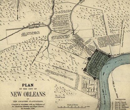 Plan of the City of New Orleans and the Adjacent Plantations by Charles Laveau Trudeau and Alexander Debrunner, copy and translation from the original Spanish plan dated 1798.