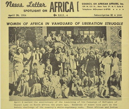 Front page of the Spotlight on Africa newsletter for April 20, 1954, featuring a group of Black women sitting and standing in a group photo.