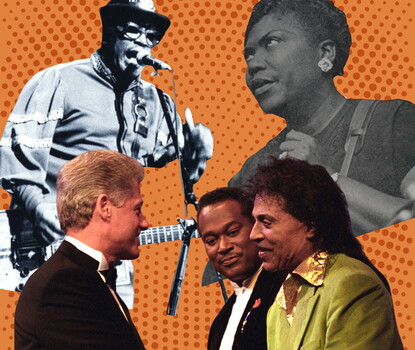 A collage of three photographs on a dotted orange background. Clockwise from left: A black-and-white photograph of Bo Diddley, a Black man wearing a dark shirt with ornamental stripes on the sleeves and a dark hat. He is playing a guitar with a rectangular head while singing into a microphone; A black-and-white photograph of Sister Rosetta Tharpe, a Black woman in a dark colored dress, looking upward with her guitar hanging by its strap on her shoulder; and a color photograph of Little Richard, a Black man 