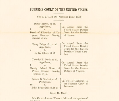 First typed page of the Brown v. Board of Education decision.