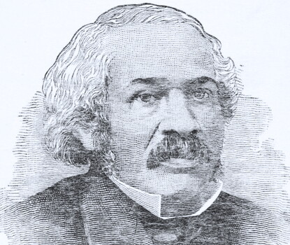 Stipple portrait of James McCune Smith, a white-haired Black man with a mustache, wearing a dark jacket and bow tie