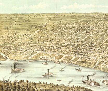 A bird's-eye-view map of Memphis, Tennessee, with riverboats in the Mississippi River foreground