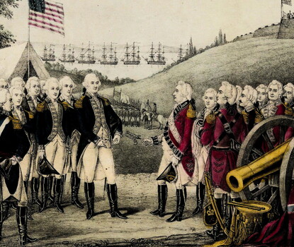 James Baillie's 1845 color lithograph depicting the surrender of Cornwallis at Yorktown, with American and French officers lined up on the left and right to receive the arms of the British army in 1781.