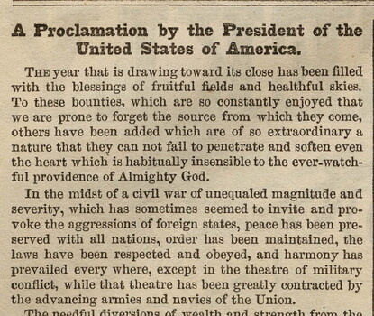 Abraham Lincoln’s Thanksgiving Proclamation, Harper’s Weekly, October 17, 1863. (Gilder Lehrman Collection)