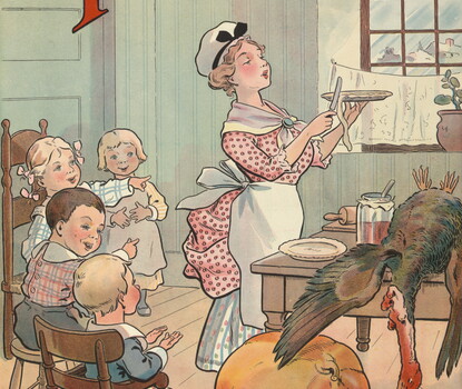Illustration shows a scene in a kitchen with a young woman preparing a pie while four young children watch; there is a dead turkey on a table and a large pumpkin on the floor.