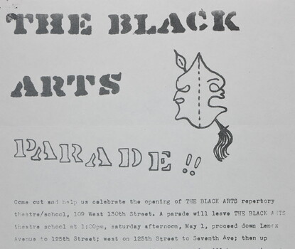 A printed flyer for "THE BLACK ARTS PARADE!!," featuring a two-sided mask in the top right of the flyer.