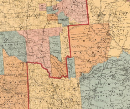 A multicolored map of Oklahoma and Indian territories.