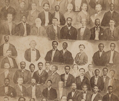 A collage of portraits of Black and white men in suits and ties in seven rows.