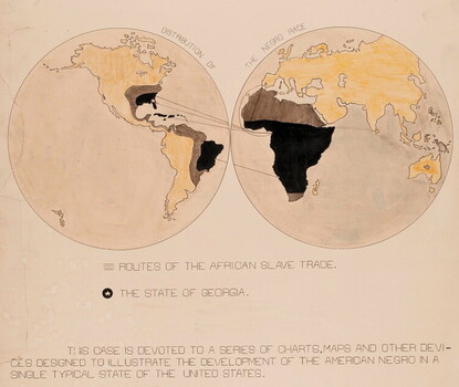 A hand-colored map of the world in two hemispheres, with routes of the African slave trade and a star on the state of Georgia.