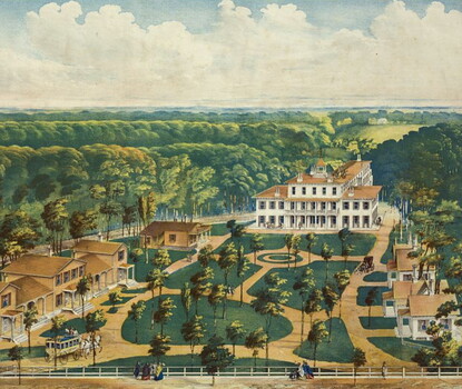 A color print of Wilberforce University showing seven small tan and white buildings and a large T-shaped white building with a brown roof surrounding a quadrangle of lawns, paths, and trees.