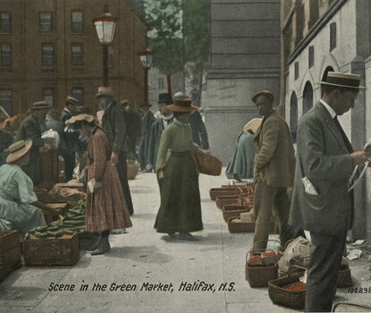 Color postcard of people shopping from items in baskets on a streetside market with the text "Scene in the Green Market, Halifax, N.S." printed at the bottom.