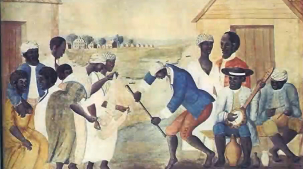 Painting of enslaved people with African musical instruments, ca. 1785-1795
