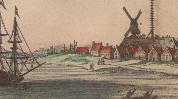 View of colonial New York with windmill and sailing ships