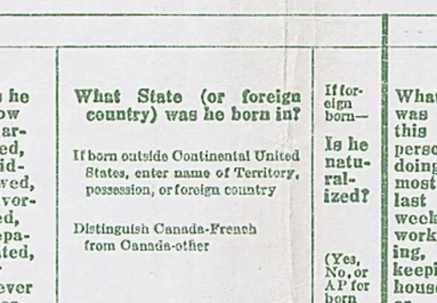 Sample question in 1950 Census popluation schedule involving categories with too many possible choices to enumerate all the options.