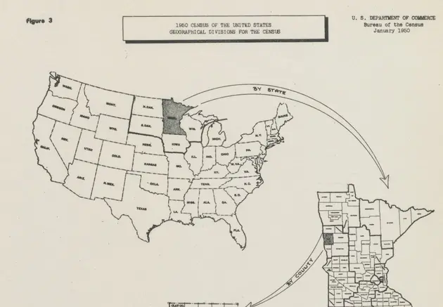 Poster illustrating how you go from the entire United States down to a single enumeration district