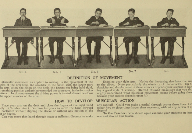Five photographs of a child at a desk in different postures related to handwriting 