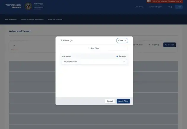 Screenshot of filtering modal