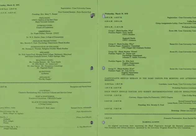 A printed conference program of black text on a green background.