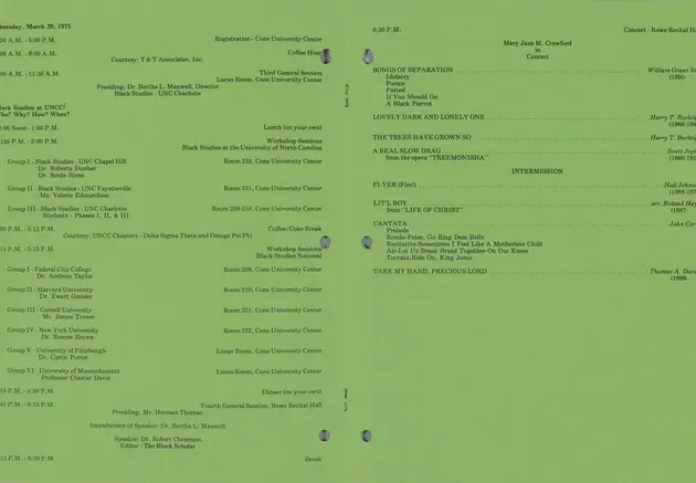 A printed conference program of black text on a green background.