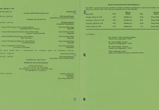 A printed conference program of black text on a green background.