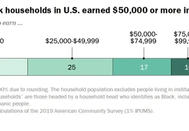 Horizontal stacked bar chart showing percentages of Black household earning categories, from less than $25,000 to $100,000+.