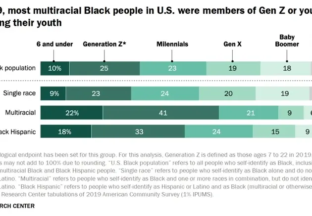 Horizontal stacked bar chart showing differences in Black population by generation, and differentiating between Black (single race, non-Hispanic or Latino), Multiracial Black (non-Hispanic or Latino), and Black Hispanic or Latino populations by generation.