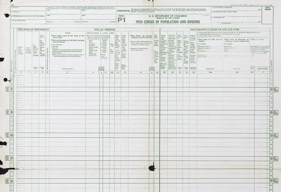 Blank population schedule from 1950 Census
