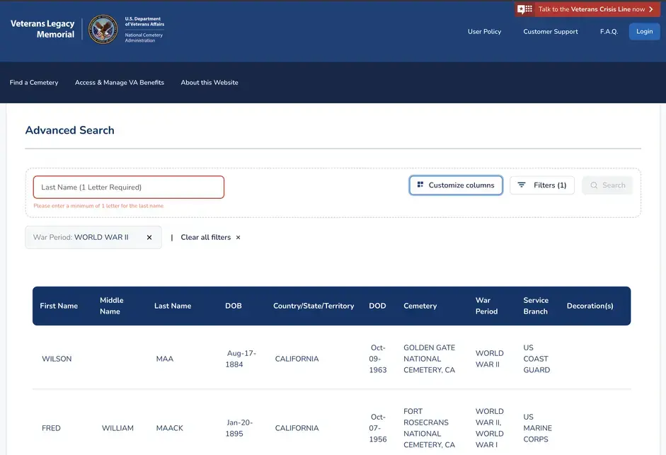 Screenshot of advanced search page on the VLM website