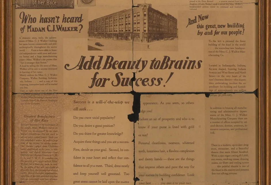A broadsheet advertisement (folded into four parts, with crease marks/breaks) entitled "From a Slave Cabin to Riches and a Benefactress to Her Race." Features images of glamorous Black women at the top left, top right, and bottom left corners, and a large building (presumably a department store) in the upper middle of the advertisement.