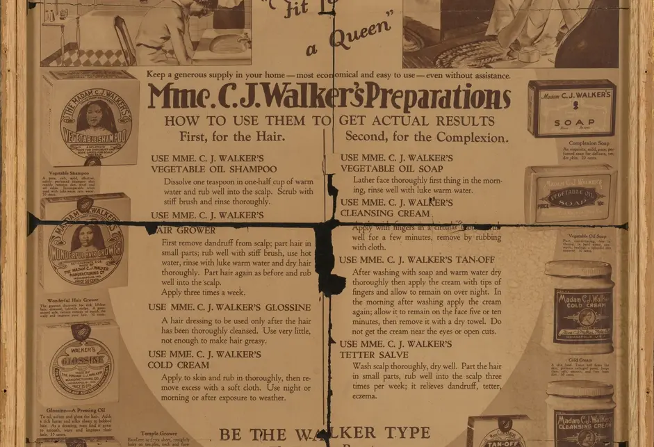 A broadsheet advertisement (folded into four parts, with crease marks/breaks) entitled "Attractive Faces and Beautiful Hair are the symbols of success!" Features a light-skinned Black woman putting on makeup at top and an array of makeup products along the sides and bottom of the ad.