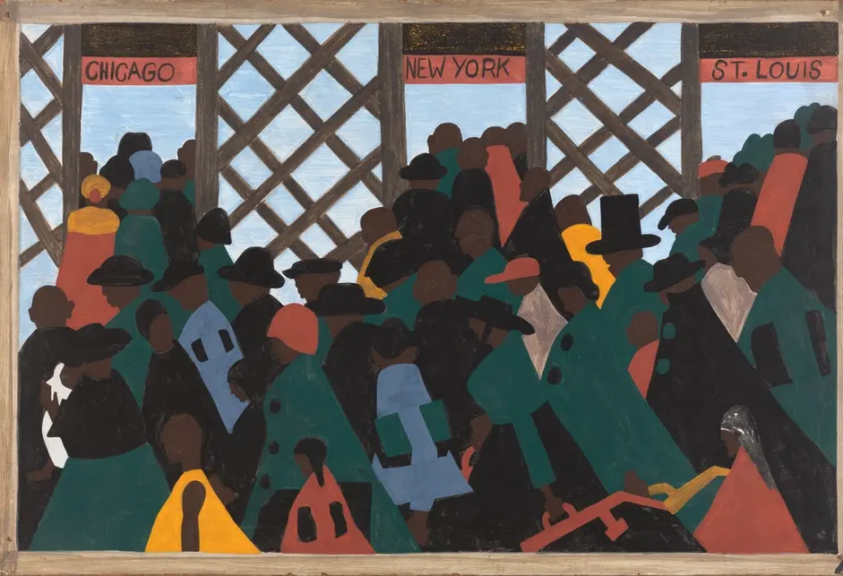 A stylized painting of a crowd of Black men and women wearing coats of different colors — green, black, and orange predominate — heading through gateways reading "Chicago," "New York," and "St. Louis."