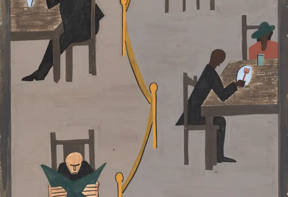 A stylized painting: at left, two White men in black suits, each at their own table in a restaurant. They are separated by a gold fence from a Black man, a Black couple (one man, one woman), and a Black woman sitting at their own tables.