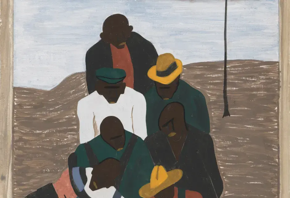 A stylized painting of six Black men wearing overalls and shirts of many colors — green, orange, black, and white — with three in either yellow or green hats, standing in line in a bare field as a White labor agent (wearing a black coat and black hat with gray brim) writes names on a yellow piece of paper with a red pen or pencil.