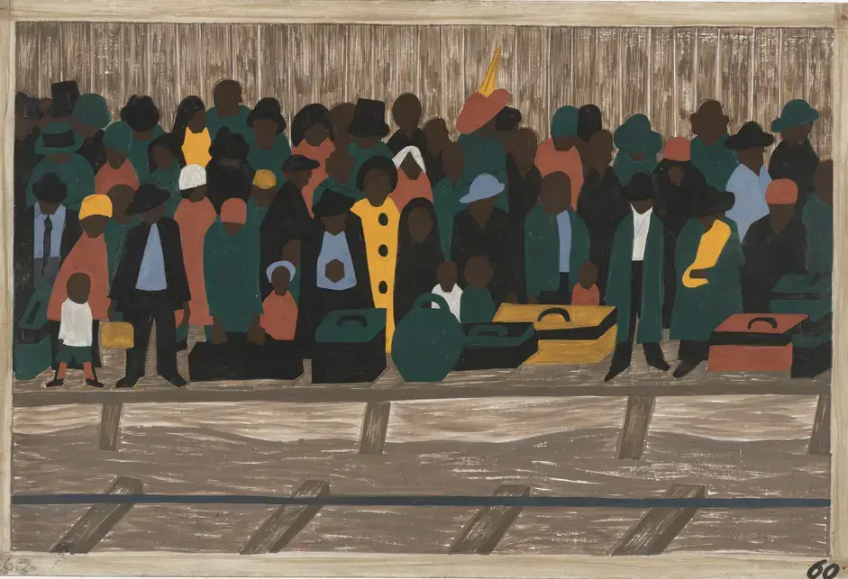 A stylized painting of a crowd of Black men and women wearing coats of different colors — green, black, orange, and light blue predominate —  with their similarly colored luggage.