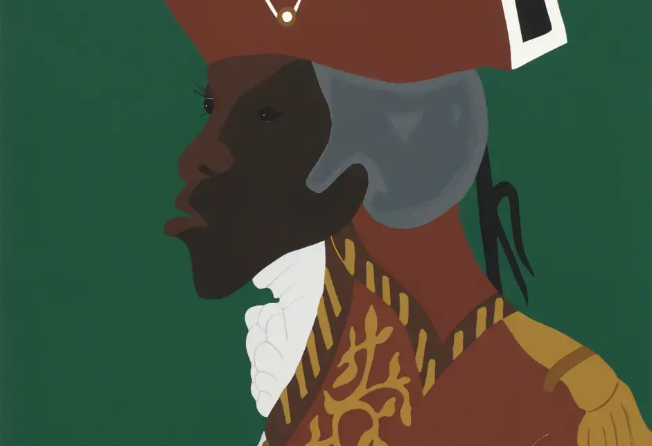 Toussaint L'Ouverture, a Black Haitian military officer, in profile wearing a red military uniform (red hat with white trim and feathers, red coat with gold epaulets) and a white ruffled shirt.