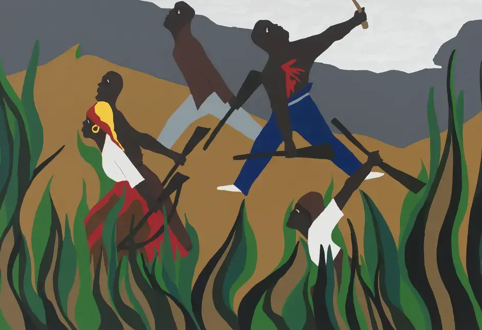 Black men and women holding rifles marching through tall grass.