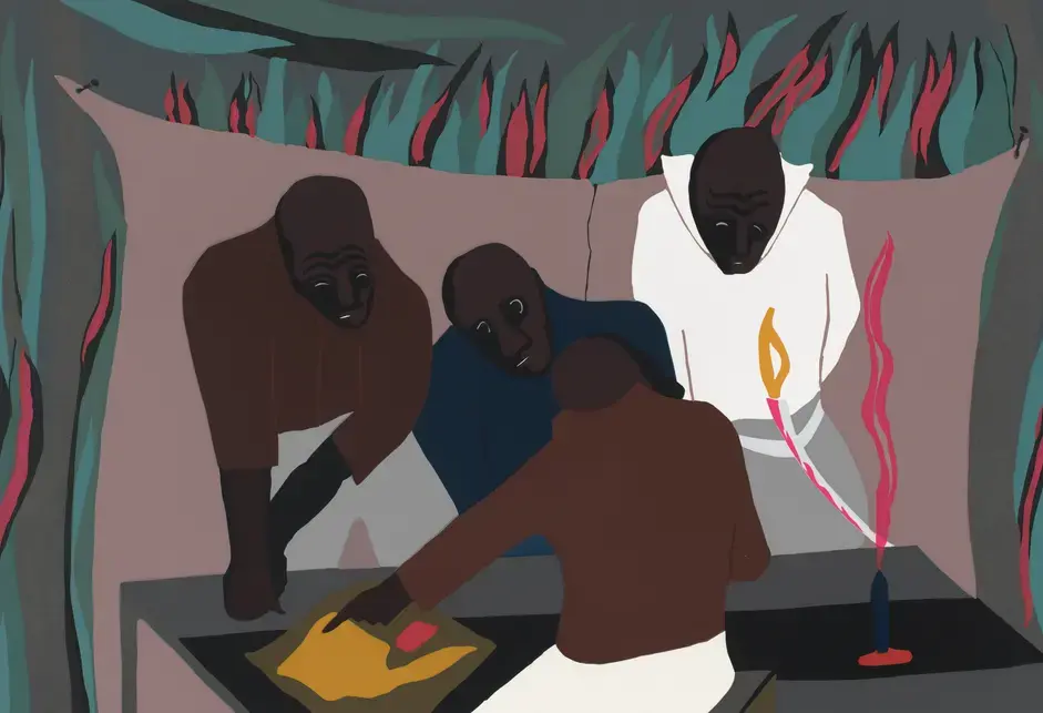 Three Black men look down on one side of a table, while on the other side another Black man points toward a map on the table.