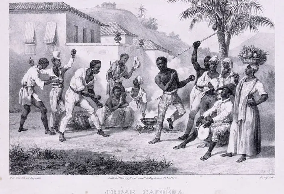 An engraving of two Black men, one wearing a white shirt and pants, the other in striped pants and no shirt, performing capoeira while a Black man wearing a black naval officer's hat, white shirt, and white pants plays a bongo drum and other Black men and women look on.
