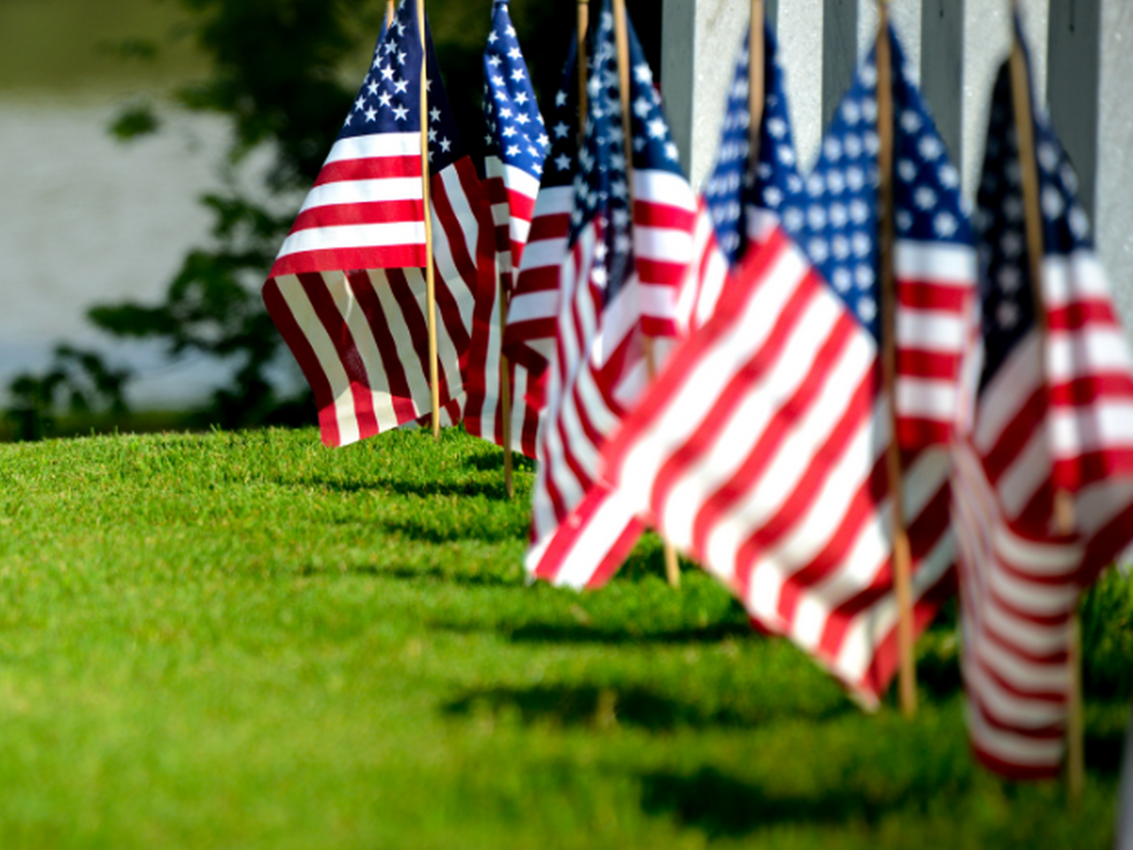 Cemetery with row of veteran graves with US flags