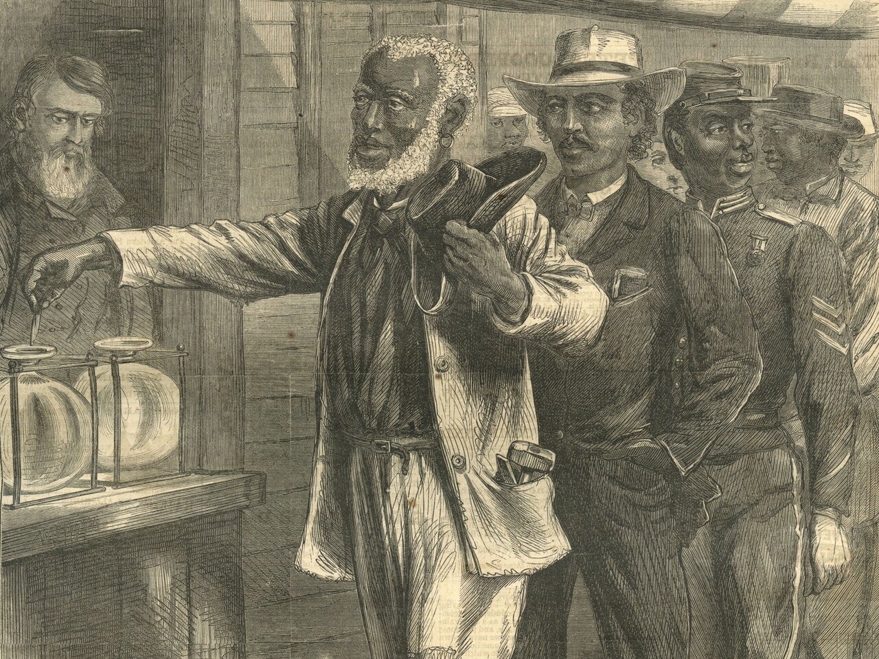 Image from illustrated 19th-century magazine showing line of Black men casting their vote