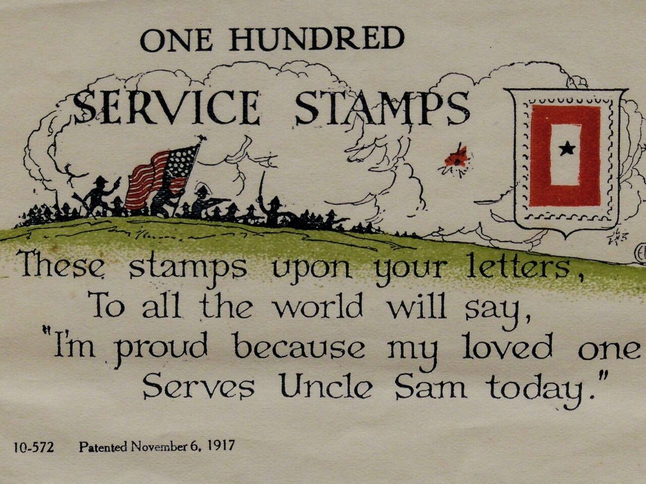 Note from a WWI stamp book with cartoon silhouette of fighting 