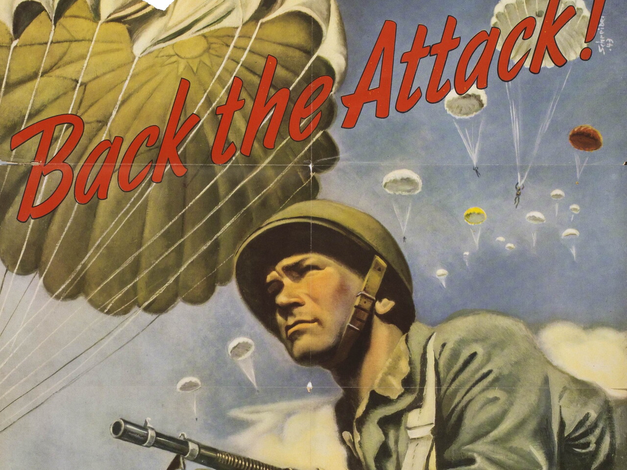 WWII Era War Bonds poster showing soldier and parachutists