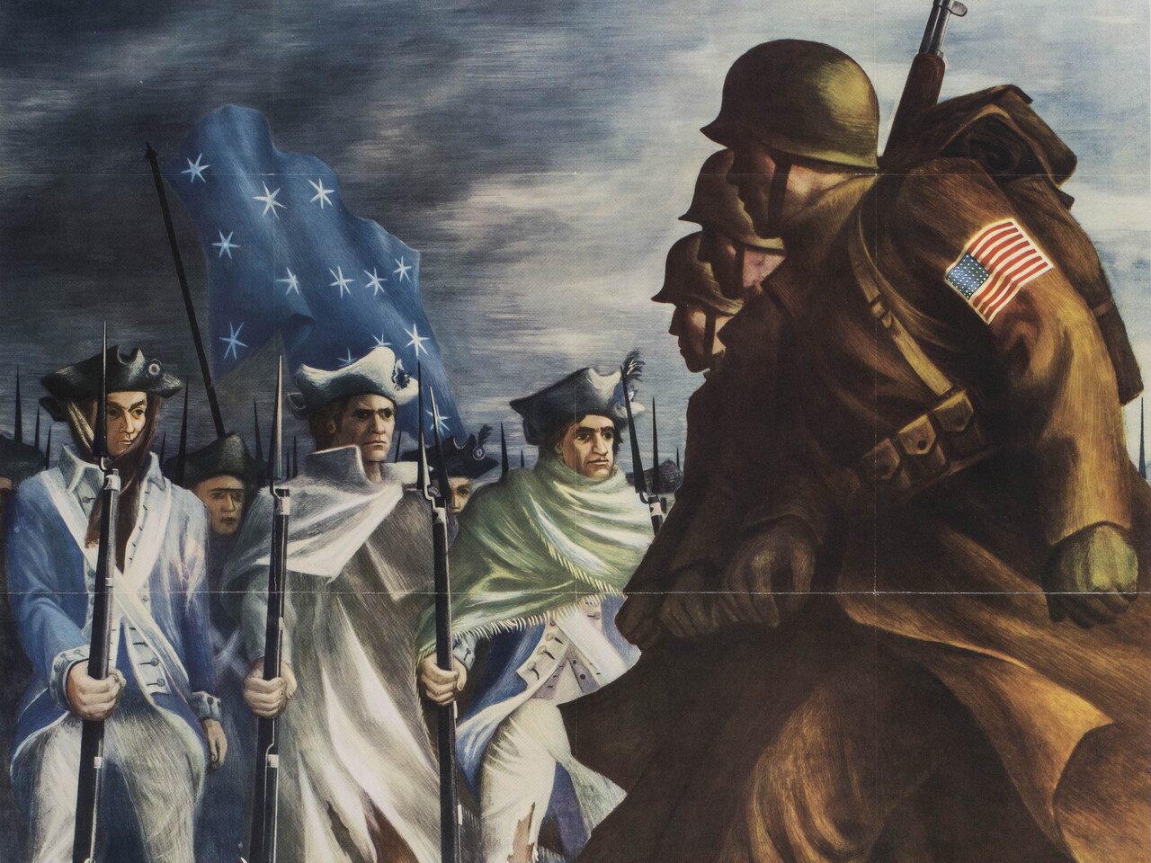 WWII poster showing 1943 troops passing Revolutionary era soldiers