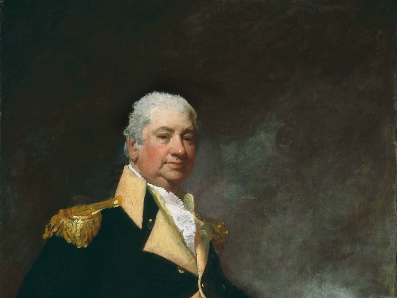  Painting of Henry Knox in a navy and gold uniform. Knox is posing with one hand on his hip and the other resting on a cannon. 