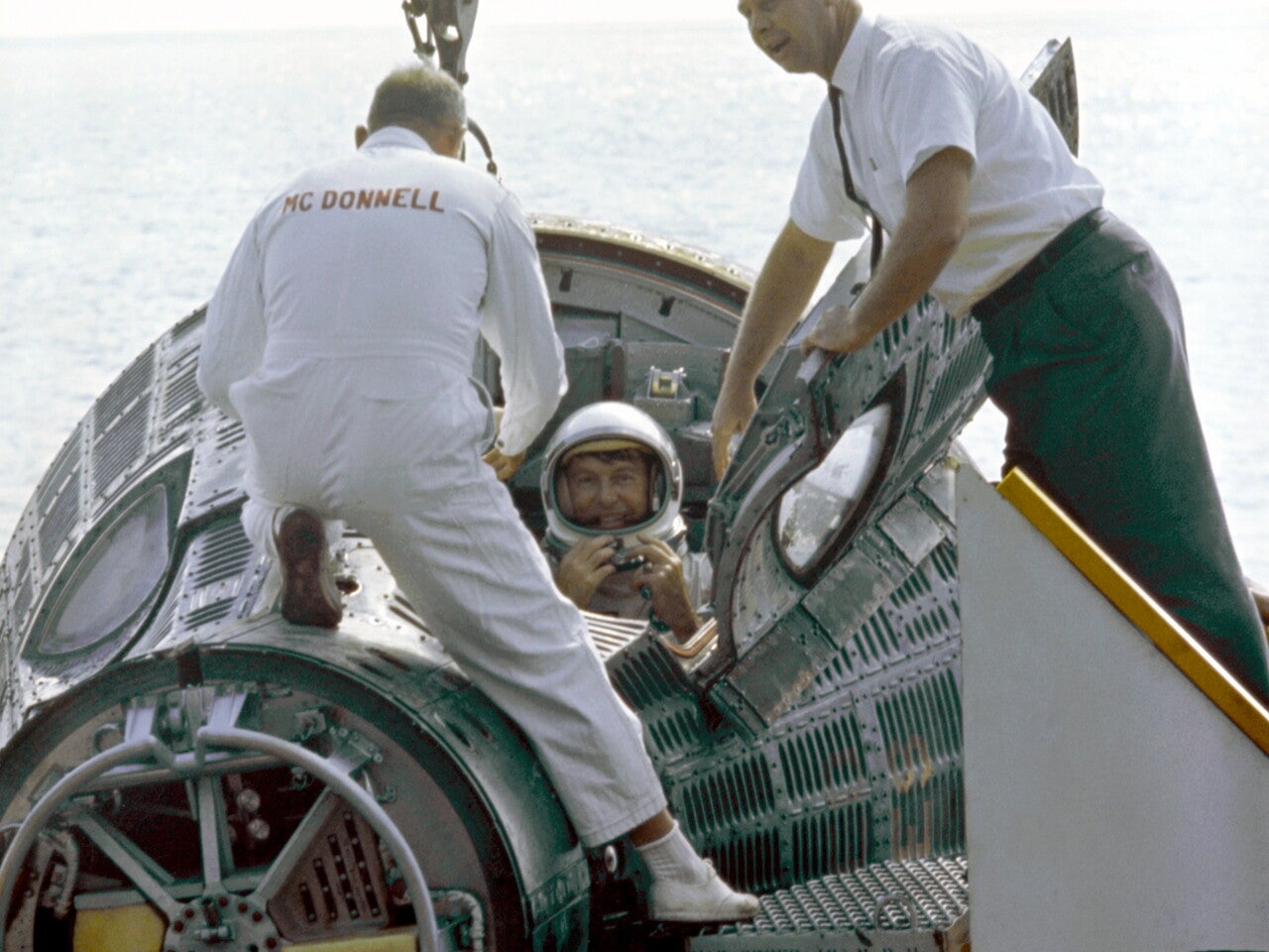 Photograph of Shirra emerging from Gemini capsule