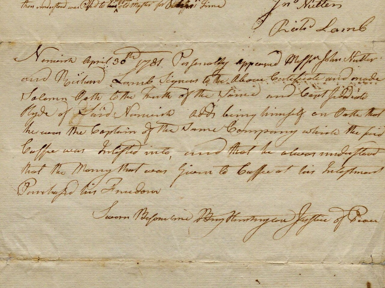 Handwritten Document showing two statements from 1781, attesting to the freedom of Cuffee Saunders