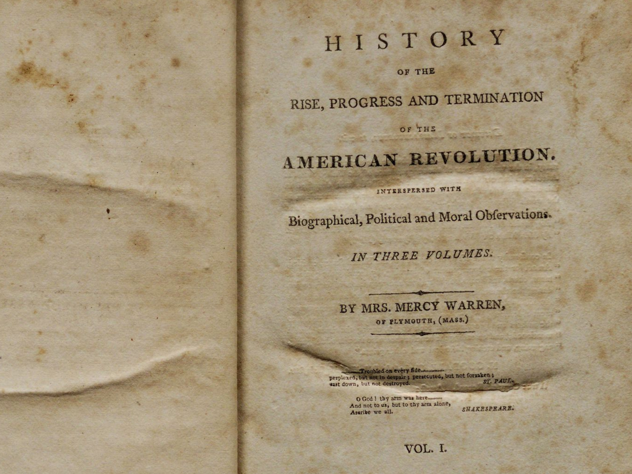 Title page from Mercy Otis Warren's history of the American Revolution