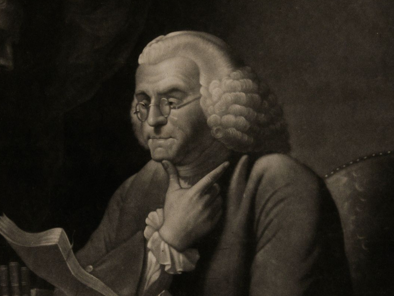 Mezzotint showing Benjamin Franklin reading
